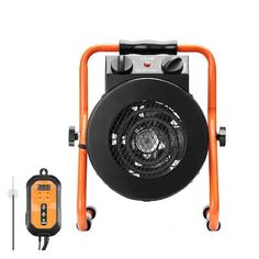 an orange and black portable heater next to a charger on a white background