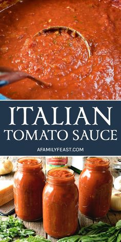 italian tomato sauce is shown in front of bread and other foods on a table with the title above it