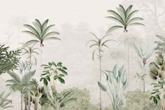 an artistic painting of tropical trees and plants