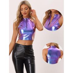 Check out this stunning holographic crop top! With its metallic color, mock neck, zipper front, and sleeveless, slightly stretchy design, this top is perfect for any upcoming festival or party. The stylish and charming metal fabric will make you stand out in the disco, night out, and party crowd. Pair it with high-waist PU leather pants, shorts, or mini skirts for a cool Y2K style that's sure to turn heads. Cropped Crop Top With Zipper Closure For Night Out, Cropped Zipper Closure Crop Top For Night Out, Trendy Cropped Top With Zipper Closure, Trendy Cropped Tops With Zipper Closure, Fitted Iridescent Tops, Purple Sleeveless Club Top, Spring Club Tops With Zipper Closure, Stretch Tops With Zipper Closure For Club, Trendy Party Tops With Zipper Closure