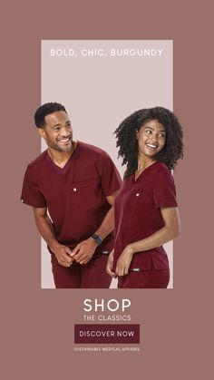 a man and woman in scrubs standing next to each other with the words shop the basics