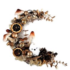 an animal is sitting in the middle of a wreath made out of mushrooms, oranges and pine cones