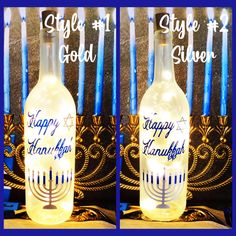 two bottles that have candles in them with the words happy hanukkah on them