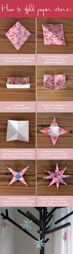 instructions to make an origami christmas tree with paper stars on the top and bottom