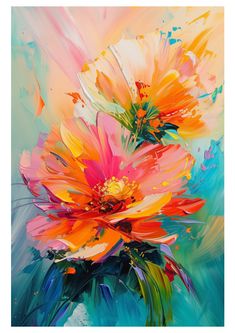 an abstract painting of colorful flowers in a vase