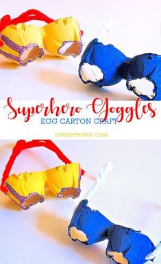 an egg carton craft made to look like a pair of sunglasses with the words superhero glasses on it