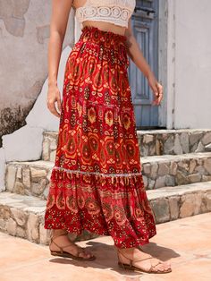 Women's Boho Skirts Red Paisley Retro Floral Print Big Swing Long Bohemian Skirt Party Dresses Night, Bohemian Maxi Skirt, Club Skirts, Skirts Red, Flowy Maxi Skirts, Bohemian Mode, Bohemian Skirt, Maxi Skirt Boho, Mode Boho