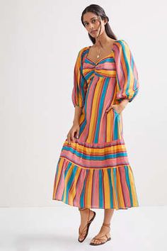 Farm Rio Rainbow Stripe Midi Dress, $, available at Anthropologie - Provided by Refinery29 Stripe Midi Dress, Striped Midi Dress, Tiered Maxi Dress, Puffed Sleeves Dress, Midi Dress With Sleeves, Farm Rio, Puffed Sleeves, Rainbow Stripes, Floral Midi Dress