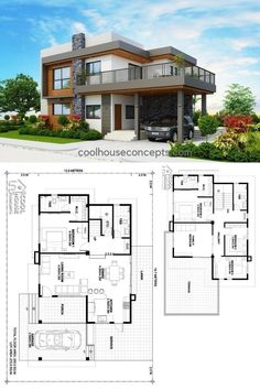 two story house plan with floor plans and measurements for each room in the house, it has