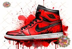 a pair of red and black sneakers with blood splatters