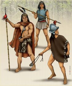 three native american men with spears and arrows in their hands, one holding a spear