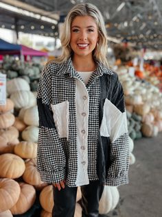 Cozy up in style with this Janie Black + White Houndstooth Patchwork Shacket! Put the perfect finishing touch on any look with this snuggly piece — houndstooth pattern, patchwork details, and all. Who said sweaters had to be boring, anyways? Product Details: Features: Pocket, functional buttons. Fit: True to size. Natural oversized fit. Model is 5'3 and wearing a size small. Fabric: 100% polyester Care: Hand wash cold. Lay flat to dry. Do not iron. Do not bleach. Do not wring or twist. SIZING DE White Houndstooth, Houndstooth Pattern, Who Said, Lay Flat, In Style, Instagram Story, Bleach, Hand Wash, Twist