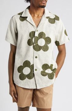 Oversized flowers punch up the whimsical attitude of this camp shirt that keeps its cool and relaxed in a soft cotton terry cloth. 29 1/2" length; 45" chest (size Medium) Front button closure Notched collar Short sleeves 100% cotton Machine wash, line dry Made in Portugal Loafer Fits, Oversized Flowers, Collar Shirt Men, Green Fits, Terry Shorts, Camp Shirt, Mens Green, Notched Collar, Camping Shirt