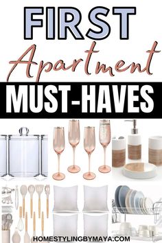 the words first apartment must haves written in black, white and gold on it