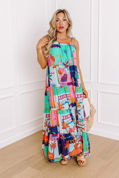 - Step into a tropical paradise with this stunning colorful maxi dress, adorned with a vibrant print that captures the essence of exotic getaways. Delicate tied spaghetti straps and a flowing silhouette create an effortlessly chic look, perfect for warm, sun-kissed days and breezy evenings. Whether you're lounging by the beach or exploring new destinations, this dress promises to be your go-to piece for embodying laid-back elegance and carefree summer vibes. - Fully lined lightweight material wi Multicolor Sundress With Adjustable Straps For Beach Season, Beachwear Multicolor Spaghetti Strap Maxi Dress, Beachwear Multicolor Maxi Dress With Spaghetti Straps, Vacation Floral Print Maxi Dress For Brunch, Summer Multicolor Maxi Dress With Tie Straps, Multicolor Sundress With Tie Straps For Vacation, Floral Print Maxi Dress For Vacation Brunch, Multicolor Spaghetti Strap Maxi Dress For Beach, Multicolor Maxi Dress With Adjustable Straps For Beach