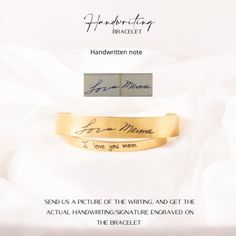 "Preserve the precious words and memories of a loved one with our Handwriting Cuff, a beautifully personalized custom bracelet that holds a special place in your heart. This memorial jewelry piece serves as a touching and sentimental gift for yourself or someone who cherishes the heartfelt handwritten messages from a dear friend, family member, or partner. Details: * Mirror polish 18K Gold Plated * The bracelet measures 6 inches x 1/4 inch or 6 Inches x 1/2 inch and can be gently squeezed or pul Engraved Name Bracelet For Anniversary Mother's Day, Engraved Name Bracelet For Anniversary, Mother's Day Gift, Engraved Name Bracelet For Mother's Day Anniversary, Engraved Name Bracelet For Anniversary And Mother's Day, Engraved Bangle For Personalized Mother's Day Gift, Mother's Day Engraved Bangle For Personalized Gift, Engraved Bangle For Mother's Day Personalized Gift, Engraved Name Bangle Bracelet For Mother's Day, Mother's Day Engraved Name Bangle Bracelet