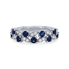 a white gold ring with blue and white diamonds