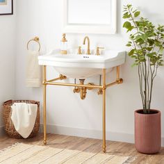 a white sink sitting under a bathroom mirror next to a potted plant and rug