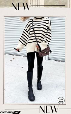 Stripe High Collar Flares Sleeve Sweater Striped Blouse Outfit, Striped Sweater Outfit, White Sweater Outfit, Flare Sleeve Sweater, Winter Sweater Outfits, Pullovers Outfit, Oversized Striped Sweater, White Striped Sweater, Jumper Outfit