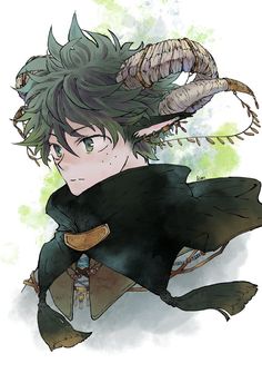 an anime character with green hair and horns on his head, wearing a black outfit