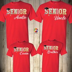 three red t - shirts with the words senior and senior on them