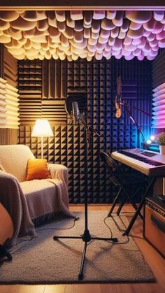 a room with a couch, chair and musical equipment in the corner that is lit up by colorful lights