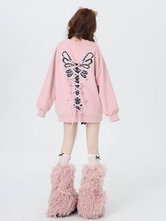 Wrap yourself in whimsical charm with our sweatshirt. This enchanting piece features a delicate butterfly print that dances across a soft fabric. The lace-up detail on the back adds a touch of playful elegance, while the loose fit ensures maximum comfort. Sweet bowknots adorn the sweatshirt, making it a perfect blend of kawaii and lolita styles.  Garment Size   	 		 			Size 			S 			M 		 		 			Full Length 			70 			72 		 		 			Bust 			122 			126 		 		 			Shoulders 			60 			61 		 		 			Sleeve Lengt Spring Drawstring Crew Neck Sweatshirt, Pink Drawstring Sweatshirt For Spring, Knitted Leg Warmers, Steampunk Fashion Male, Gothic Skirts, Delicate Butterfly, Ruffle Mini Skirt, White Butterfly, Pink Butterfly