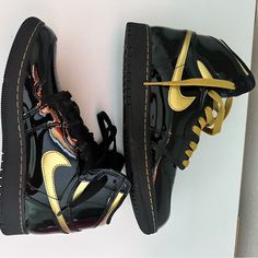 Brand New Never Been Worn Black/Metallic Gold Still Has Stockx Tags/Receipt Size 6y Black Casual Custom Sneakers In Patent Leather, Black Patent Leather Casual Custom Sneakers, Casual Black Patent Leather Custom Sneakers, Black High-top Patent Leather Custom Sneakers, Black Patent Leather High-top Custom Sneakers, Black Patent Leather Custom Sneakers With Round Toe, Air Jordan 1 Black, Jordan 1 Black, Metallic Gold Color