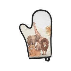 an oven mitt with different animals on it