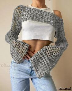 OliviaMark - Chic Hollow Knitted Sweater: Solid Color, Round Neck, Long Sleeves, and Knitted Cardigan Design Cardigan Azul, Hollow Sweater, Cardigan Design, Cropped Knit Sweater, Long Sleeve Knitted Cardigan, Cropped Tops, Y2k Streetwear, Knit Crop Top, Knitted Cardigan