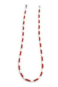 "From the movie \"The Doors,\" a recreation of the beaded necklace worn by actor Val Kilmer. Necklace is 28″ long with lobster claw closure. Ruby red and white beads. Also available in 22″ length." Red Long Beaded Necklace Hand-strung, Red Long Hand-strung Beaded Necklace, Red Hand-strung Long Beaded Necklace, Traditional White Single Strand Beaded Necklace, White Single Strand Long Necklace Beads, White Hand-strung Long Bead Necklace, White Hand-strung Long Necklace Beads, Doors Jim Morrison, The Doors Jim Morrison