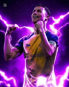 a soccer player with his fist up and lightning in the background