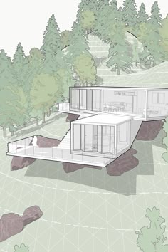 an architectural drawing of a house in the middle of a wooded area with trees around it