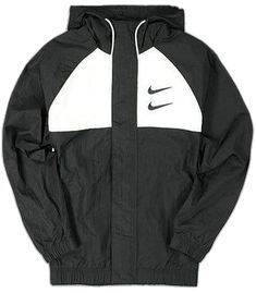 Nike Hooded Windbreaker For Sports Season, Functional Hooded Windbreaker For Sports Events, Nike Black Sports Outerwear, Nike Black Outerwear For Sports Events, Sporty Hooded Sport Coat With Adjustable Hood, Nike Windbreaker For Winter Sports Events, Nike Winter Windbreaker For Sports Events, Sporty Sport Coat With Drawstring Hood For Streetwear, Nike Windbreaker For Sports Events