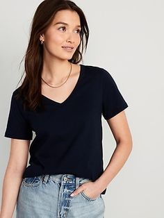 Our EveryWear T-shirts are super-soft, with a comfortable, relaxed fit.  Wear 'em with everything ✔️ Rib-neck V-neck.  Short sleeves.  Cloud-washed 100% cotton-jersey.  #544320 Relaxed fit through body.  Women's EveryWear T-shirt hits below the w Casual Everyday V-neck Top With Short Sleeves, Casual Cotton V-neck Top, Basic Everyday Short Sleeve V-neck Top, Basic Short Sleeve V-neck Top For Everyday, Relaxed Fit V-neck Top With Short Sleeves, Casual Everyday Cotton V-neck Top, Casual Blue Short Sleeve V-neck Top, Casual Blue V-neck T-shirt, Casual Short Sleeve Cotton V-neck Top