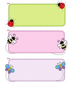 three colorful labels with ladybugs and butterflies on the top one is blank for text