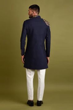 Shop for Chatenya Mittal Blue Silk Shoulder Embroidered Bandhgala Set for Men Online at Aza Fashions Embroidered Bandhgala, Blue Bandhgala, Pyjama Pants, Navy Blue Fabric, Pajama Pant, Pattern Embroidery, Silk Embroidery, New Energy, Fabric Silk