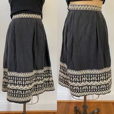 "Great vintage folk skirt! Black with white embroidery. Has some pulling as shown in photos and a small stain on waistband. Measures 27\" length but has 5\" hem that could be let out. 26-27\" waist" Fitted Folk Style Skirt, Traditional Cotton Lined Skirt, Folk Skirt, Womens Skirts, Embroidered Skirt, White Embroidery, Skirt Black, Guatemala, Lace Skirt