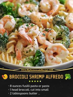 broccoli shrimp alfredo in a white bowl