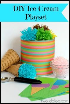 diy ice cream play set with paper cones and pom - poms on the table