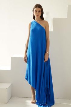 Cobalt blue one-shoulder maxi dress in modal base. - Aza Fashions Blue One-shoulder Maxi Dress For Summer, Blue One Shoulder Maxi Dress For Spring, Blue Asymmetrical Maxi Dress For Summer, One Shoulder Maxi Dress, Maxi Dress For Women, Dress For Women, Womens Maxi Dresses, Women Dresses, Aza Fashion