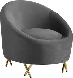 a grey chair with gold legs and a round seat on the bottom, in front of a white background