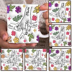 a person holding a coffee mug decorated with flowers and unicorns on white ceramic tiles