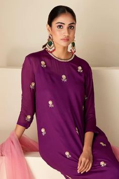 Purple georgette crepe high-low A-line kurta with floral hand embroidery. Comes with pant and a pink dupatta. - Aza Fashions Georgette Straight Kurta For Reception, Party Palazzo Set With Floral Embroidery In Georgette, Reception Palazzo Set With Straight Kurta In Georgette, Floral Embroidery Palazzo Set With Straight Kurta In Georgette, Eid Floral Embroidered Georgette Blouse Piece, Eid Floral Embroidered Georgette Palazzo Set, Eid Georgette Palazzo Set With Floral Embroidery, Georgette Blouse Piece With Dabka Work For Reception, Georgette Kurta With Floral Embroidery For Navratri