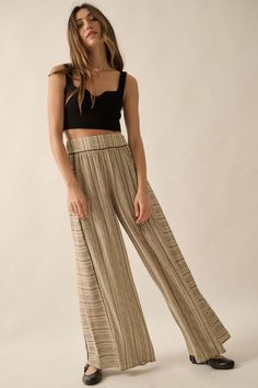 Geometric pattern-stripe palazzo pants. Contrast piping trim throughout. Wide waistband with smocked elastic back. Wide leg. High waist. Ankle length. Loose fit. 100% Rayon. Imported. Designed in LA. Model wears size S. Striped Palazzo Pants, Printed Wide Leg Pants, Contrast Piping, Geo Print, Palazzo Pants, Wide Waistband, Ankle Length, Piping, Wide Leg Pants