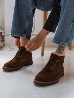 Kip. A modern take on the popular desert boot, handcrafted in Portugal from 100% LWG-certified suede. Kip is the ideal choice for the modern man because of its timeless design, elevated comfort and premium quality. Upper: 100% LWG Leather Lining: Microfiber Outsole: TR Rubber Water repellent Heel 1" Made in Portugal Desert Boot, Shoe Gifts, Desert Boots, Modern Man, Womens Oxfords, Brown Suede, Swim Shorts, Jeans Pants, Bottoms Pants