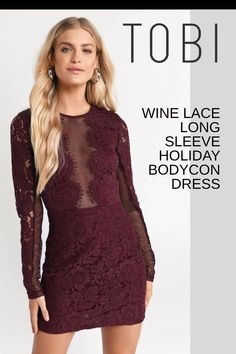 Look gorgeous in this wine lace long sleeve holiday bodycon dress. Can you imagine getting dress up cocktail party gowns for Christmas and New Year's Eve outfits on sale? Now's your chance to save. Why pay more when you can get sparkly winter festivity clothing and beautiful formal attire for ladies at affordable prices from TOBI. #shoptobi #holidaydresses #bodycondresses Cocktail Party Gowns, Christmas Fashion Outfits, Long Sleeve Bodycon Midi Dress, Red Holiday Dress, Women Bodycon Dress, Sequin Bodycon Dress, A Night To Remember, Sleeveless Bodycon Dress, Style Inspiration Winter