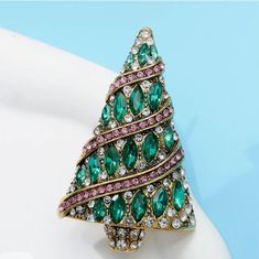 Antique Gold Colored Alloy Metal Christmas Tree With Strands Of Emerald Green Marquise-Shaped Navette Crystals, And Strands Of Round Pink/Mauve Colored Crystals. New No Discounts On Single-Item Purchases. Green Christmas Brooches For Gifts, Green Christmas Brooches As Gifts, Jeweled Christmas Trees, Jeweled Christmas, Large Christmas Tree, Metal Christmas Tree, Metal Christmas, Pink Mauve, Mauve Color