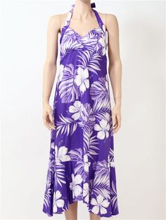 Pacific Legend Hibiscus & Monstera Purple Cotton Hawaiian Halter Neck Midi Dress Casual Hibiscus Print Maxi Dress, Purple Floral Print Beach Dress, Purple Floral Print Dress For Beach Season, Purple Floral Print Summer Dress, Hibiscus Dress, Halter Neck Midi Dress, Hawaiian Dresses, Purple Hibiscus, Hawaiian Wedding