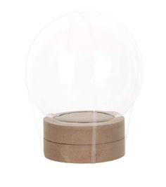 a clear glass ball sitting on top of a wooden stand